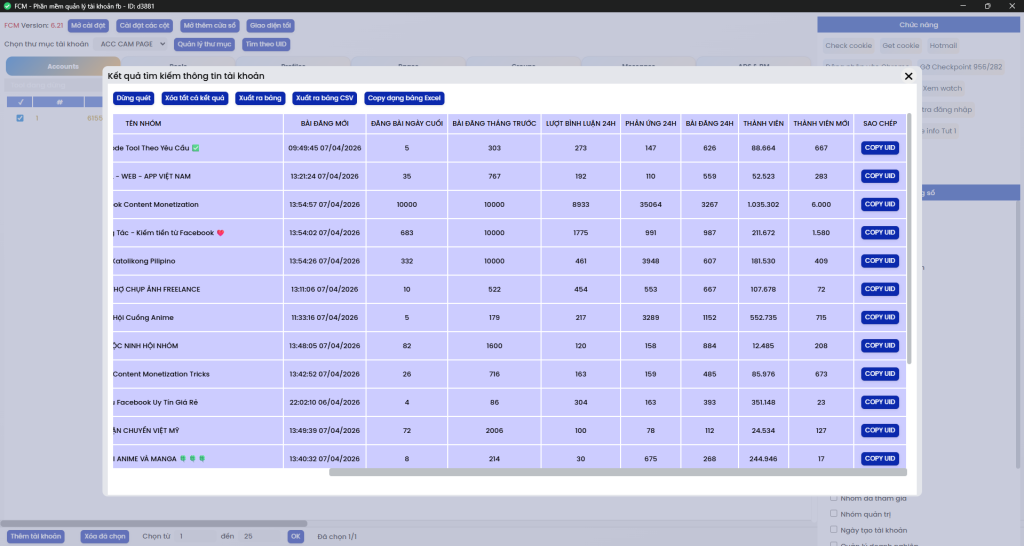 Quét Groups không còn khó đã co FCM lo! 
Chi tiết dữ liệu quét Groups
